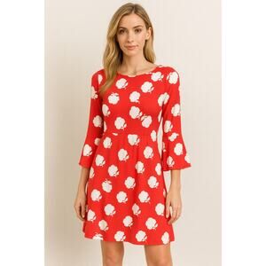 Boden Red and White Floral Dress with Bell Sleeves Size 4